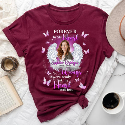 Memorial Custom Photo Wings Forever In My Heart Personalized T-Shirt, in Loving Memory Family Loss Personalized Name And Date Shirt