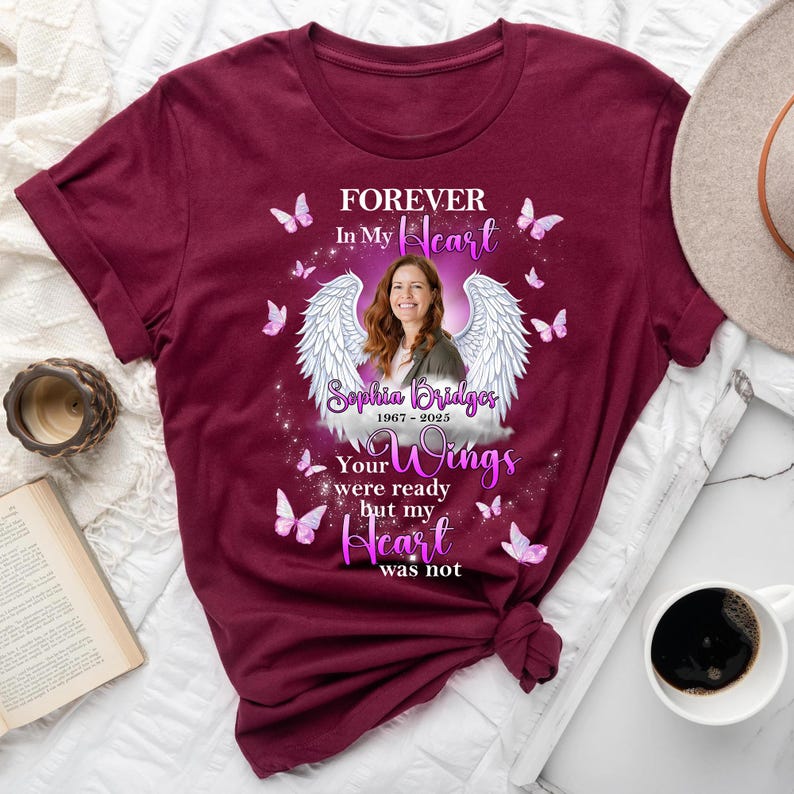 Memorial Custom Photo Wings Forever In My Heart Personalized T-Shirt, in Loving Memory Family Loss Personalized Name And Date Shirt