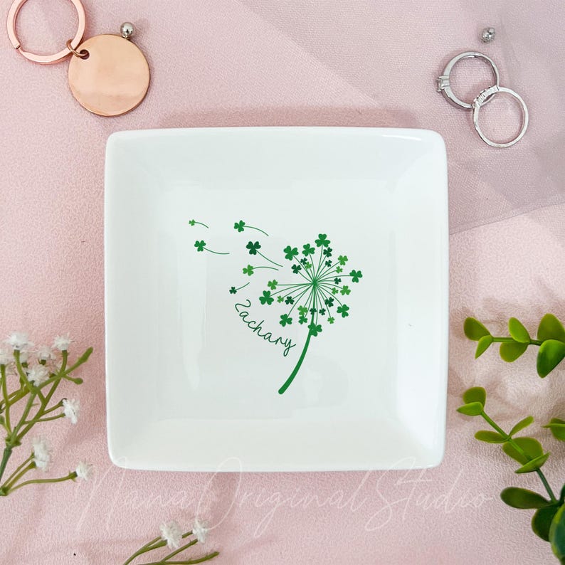 Custom Lucky Shamrock Ring Plate, 4 Leaf Clover Trinket Dish, Ring Holder, St. Patrick's Day Gift, Irish Gift, Bridesmaid Proposal Gift