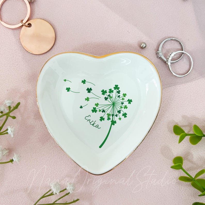 Custom Lucky Shamrock Ring Plate, 4 Leaf Clover Trinket Dish, Ring Holder, St. Patrick's Day Gift, Irish Gift, Bridesmaid Proposal Gift