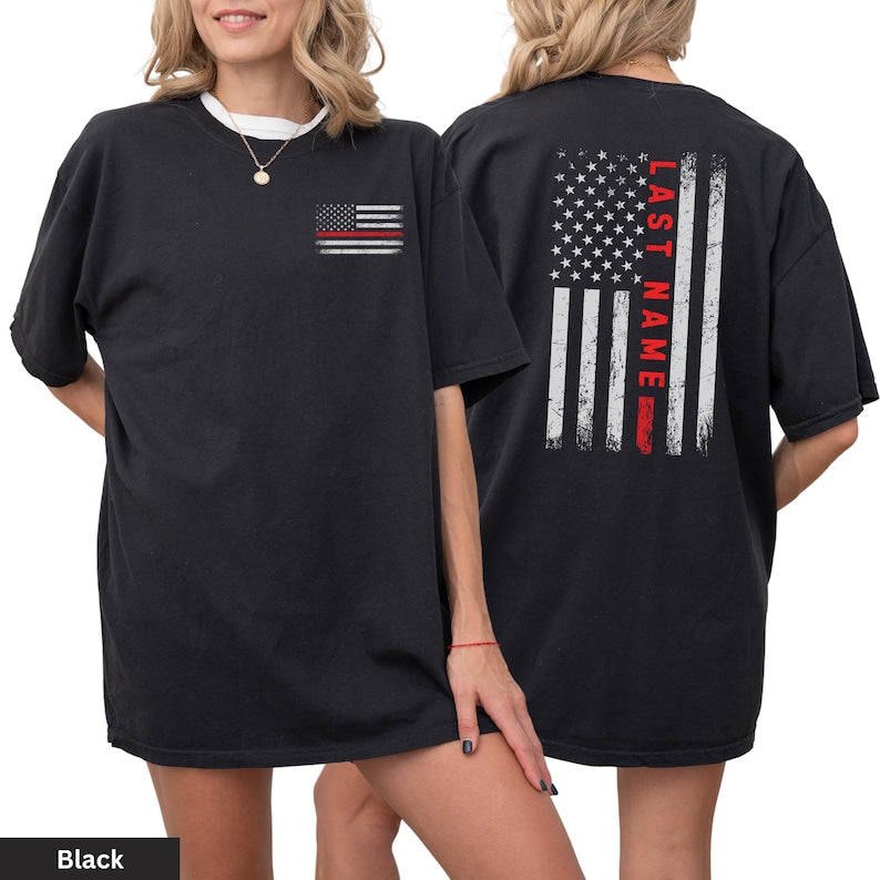 Custom last name firefighter tshirt | Personalized firefighter shirt | Gift for firefighter wife | Custom fireman gift | Red line flag