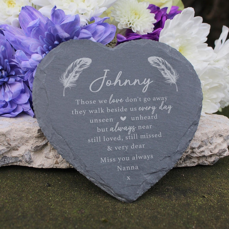 Graveside Memorial Ornament, Small Personalised Memorial Plaque, Slate Heart Shaped Cemetery Grave Decoration, Loved One Remembrance Gift