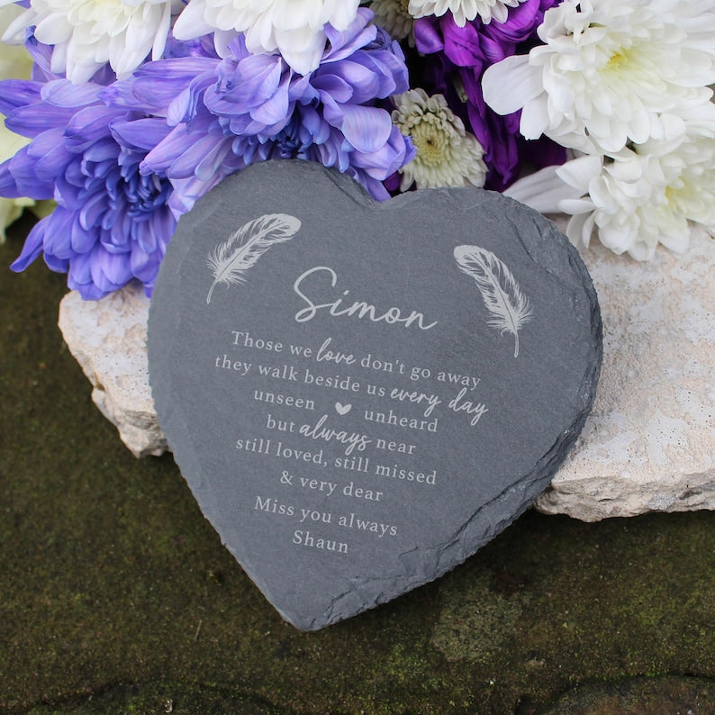 Graveside Memorial Ornament, Small Personalised Memorial Plaque, Slate Heart Shaped Cemetery Grave Decoration, Loved One Remembrance Gift