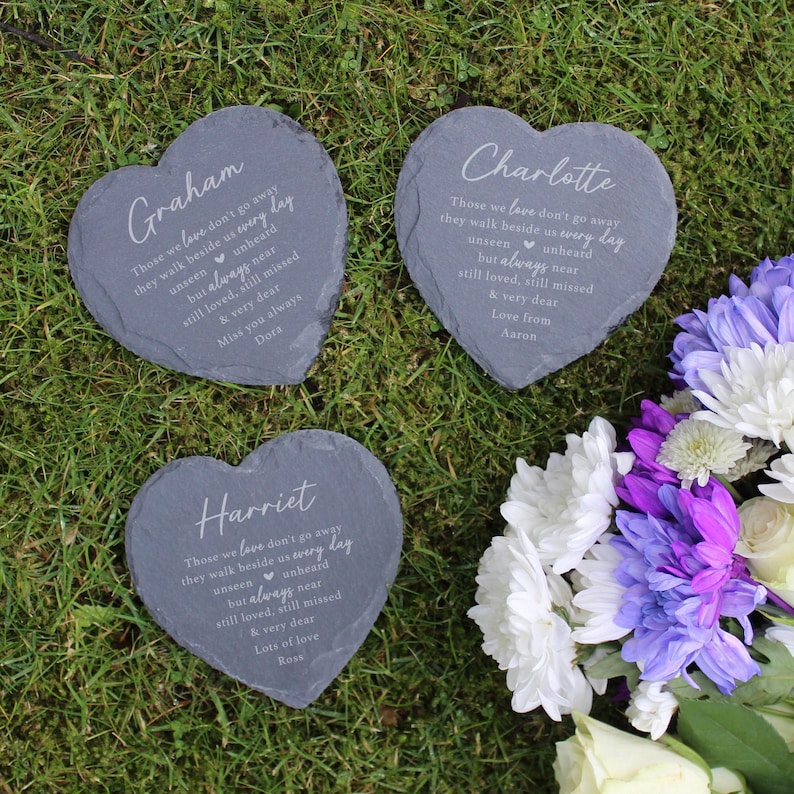 Graveside Memorial Ornament, Small Personalised Memorial Plaque, Slate Heart Shaped Cemetery Grave Decoration, Loved One Remembrance Gift