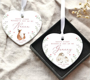 Personalised First Mother's Day Nanny Gift, First Mothers Day as my Mummy Grandma Nanna Nannie Keepsake, Mothers Day Ceramic Heart Ornament