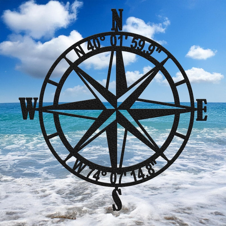 Nautical Compass Rose Metal Wall Art with GPS Coordinates