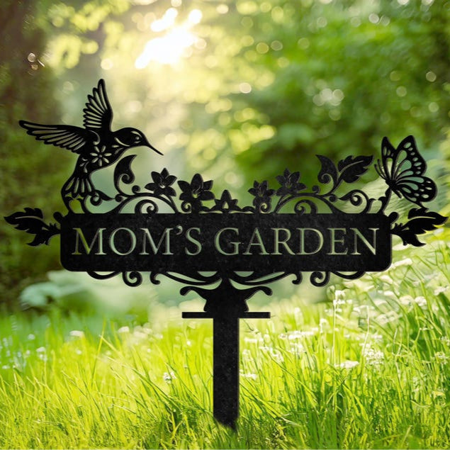 Custom Humming bird Metal Garden Decor, Bird with Flower Garden Sign, Grandma's Garden, Personalized Garden Sign, Custom Garden Name Sign