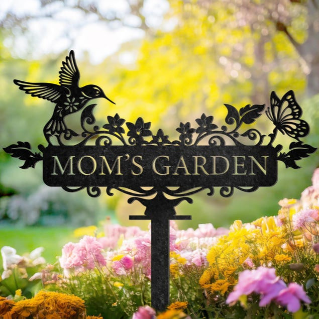 Custom Humming bird Metal Garden Decor, Bird with Flower Garden Sign, Grandma's Garden, Personalized Garden Sign, Custom Garden Name Sign