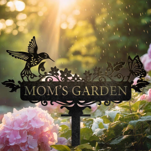 Custom Humming bird Metal Garden Decor, Bird with Flower Garden Sign, Grandma's Garden, Personalized Garden Sign, Custom Garden Name Sign