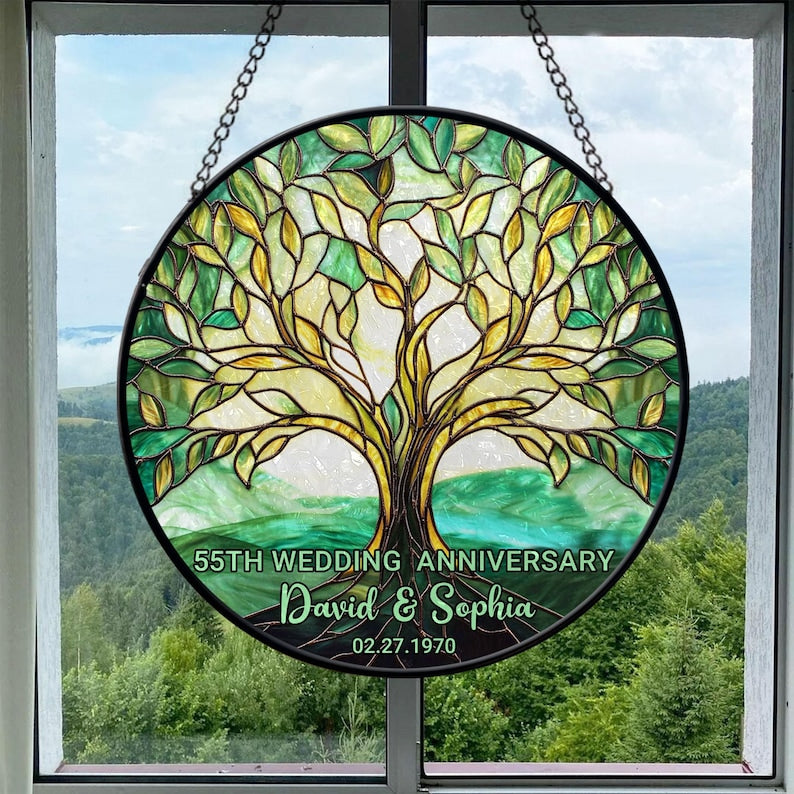 Personalized Faux Stained Glass 55th Emerald Wedding Anniversary, Wedding Keepsake Suncatcher, Anniversary Gift, Wedding Gift