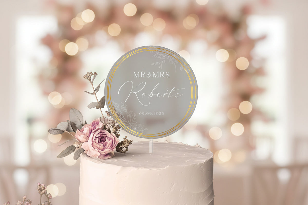 Personalized Acrylic Wedding Cake Topper, Gold Wreath Acrylic Cake Topper for Wedding, Custom Name Cake Topper, Anniversary Cake Topper