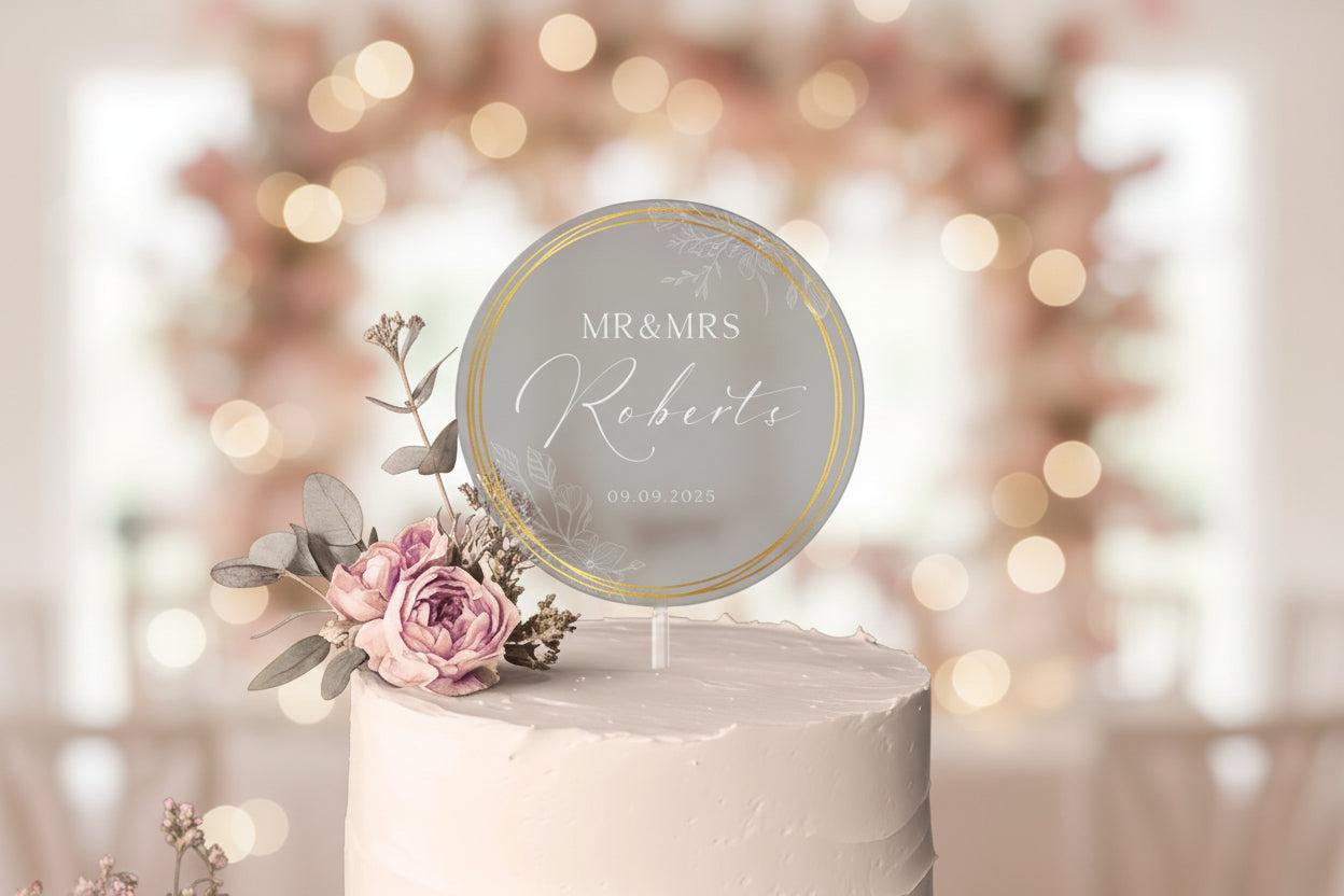 Personalized Acrylic Wedding Cake Topper, Gold Wreath Acrylic Cake Topper for Wedding, Custom Name Cake Topper, Anniversary Cake Topper