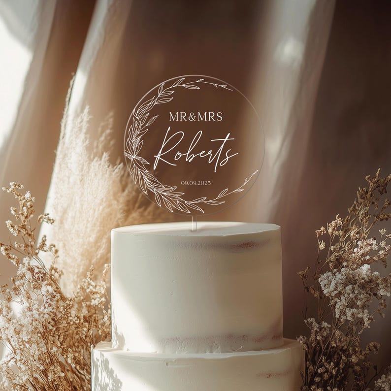Wedding cake topper, Custom, Acrylic Cake Topper, Minimal Greenery Acrylic Topper, Personalized Wedding Cake Decor, Cake Topper Wedding