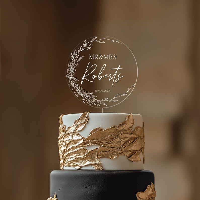 Wedding cake topper, Custom, Acrylic Cake Topper, Minimal Greenery Acrylic Topper, Personalized Wedding Cake Decor, Cake Topper Wedding