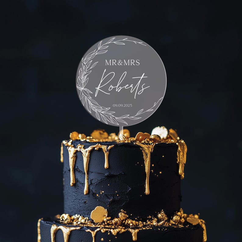 Wedding cake topper, Custom, Acrylic Cake Topper, Minimal Greenery Acrylic Topper, Personalized Wedding Cake Decor, Cake Topper Wedding