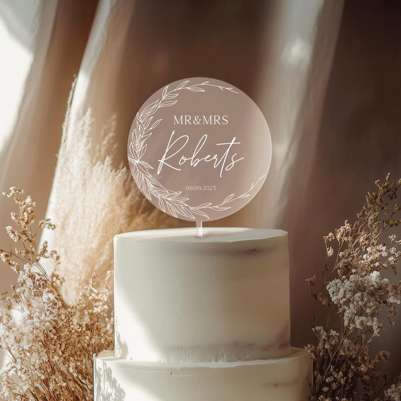 Wedding cake topper, Custom, Acrylic Cake Topper, Minimal Greenery Acrylic Topper, Personalized Wedding Cake Decor, Cake Topper Wedding