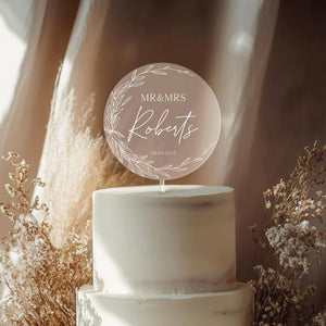 Wedding cake topper, Custom, Acrylic Cake Topper, Minimal Greenery Acrylic Topper, Personalized Wedding Cake Decor, Cake Topper Wedding