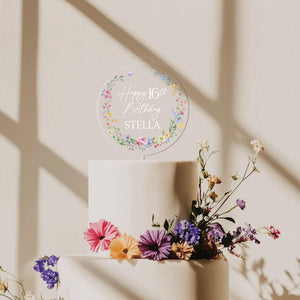 Wildflower Birthday Cake Topper, Acrylic Cake Toppers for Birthday, Sweet 16 Birthday Cake Topper for Girl, Happy Birthday Acrylic Decor