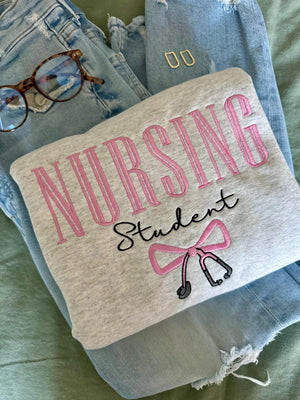 NURSING STUDENT Embroidered Crewneck, bow stethoscope, Nursing Sweatshirt, Embroidered Sweatshirt, Nursing School Gift Shirt