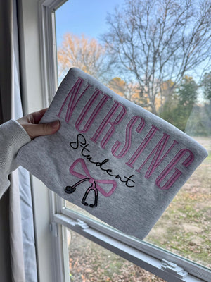 NURSING STUDENT Embroidered Crewneck, bow stethoscope, Nursing Sweatshirt, Embroidered Sweatshirt, Nursing School Gift Shirt