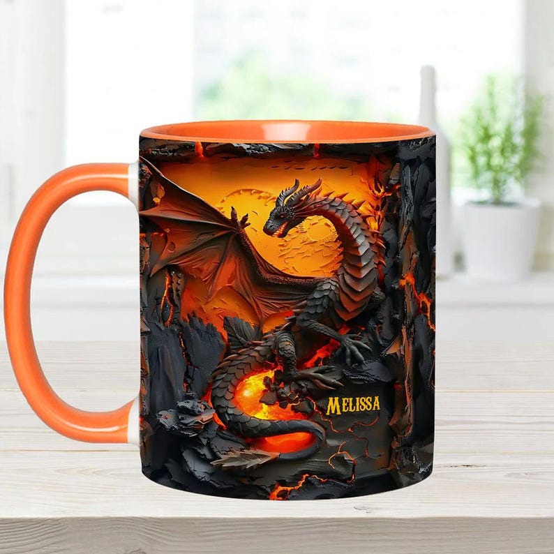 Love Dragons Personalized Ceramic Dragon Accent Mug, Dragon Lover Mug, Volcano Dragons Two Tone Coffee Cup Gift for Fantasy Book Reader