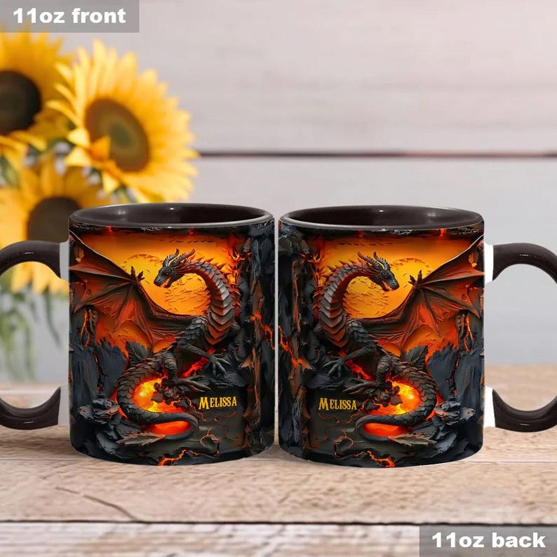 Love Dragons Personalized Ceramic Dragon Accent Mug, Dragon Lover Mug, Volcano Dragons Two Tone Coffee Cup Gift for Fantasy Book Reader
