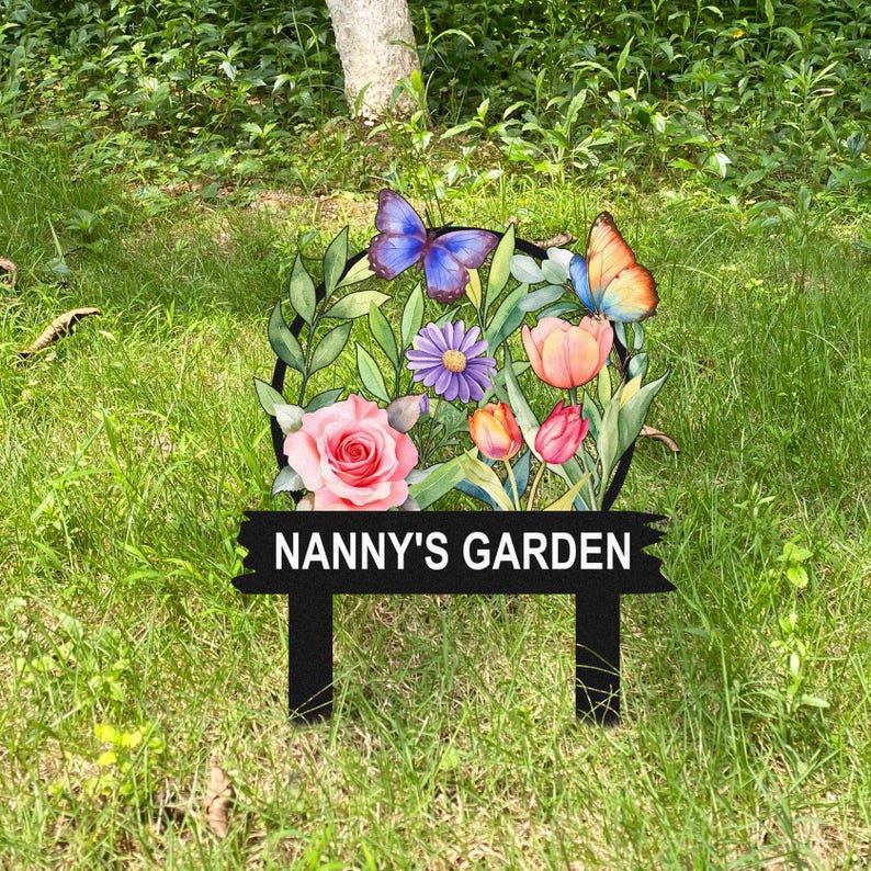 Custom Metal Garden Decor, Butterfly with Flower Garden Sign, Personalized Garden Name Stakes, Lawn Signs, Outdoor Sign,Garden Gifts for Mom