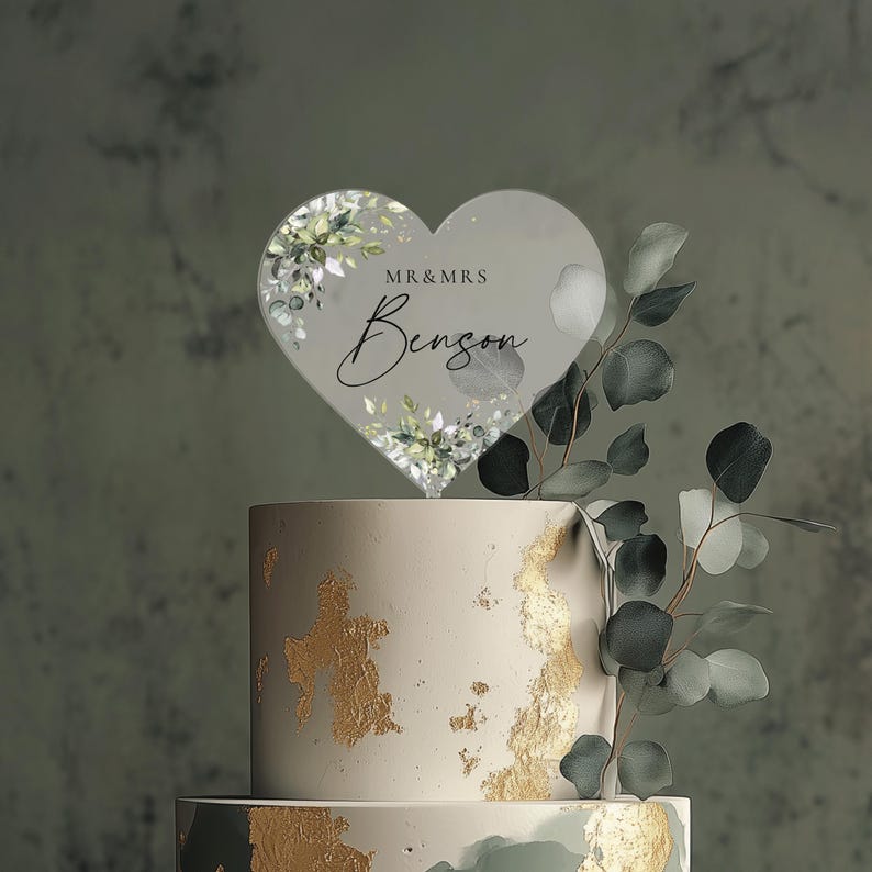 Heart Cake Topper with Custom Name, Eucalyptus Wedding Cake Topper, Acrylic Cake Decor, Engagement Cake Topper, Acrylic Cake Topper Wedding