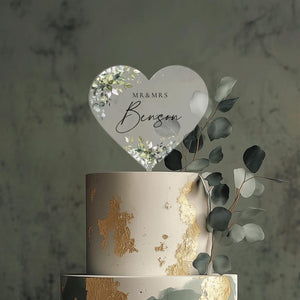 Heart Cake Topper with Custom Name, Eucalyptus Wedding Cake Topper, Acrylic Cake Decor, Engagement Cake Topper, Acrylic Cake Topper Wedding