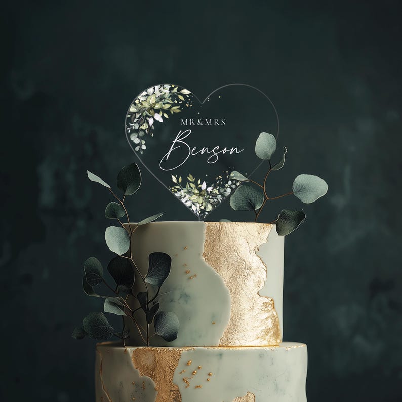 Heart Cake Topper with Custom Name, Eucalyptus Wedding Cake Topper, Acrylic Cake Decor, Engagement Cake Topper, Acrylic Cake Topper Wedding