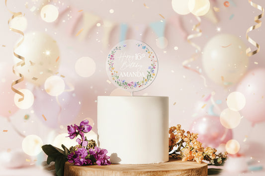 Wildflower Birthday Cake Topper, Acrylic Cake Toppers for Birthday, Sweet 16 Birthday Cake Topper for Girl, Happy Birthday Acrylic Decor