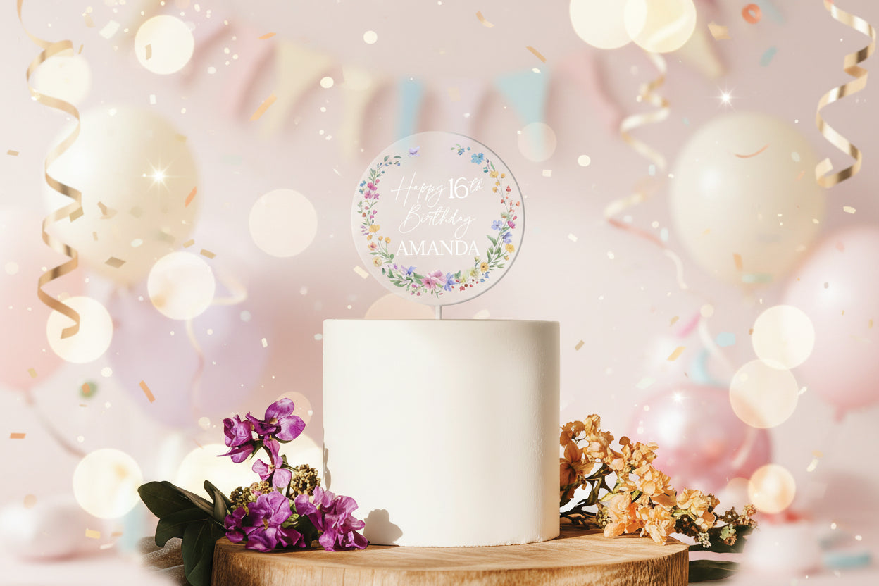 Wildflower Birthday Cake Topper, Acrylic Cake Toppers for Birthday, Sweet 16 Birthday Cake Topper for Girl, Happy Birthday Acrylic Decor