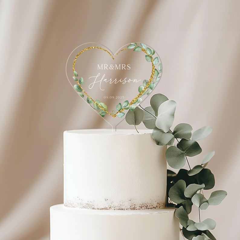 Floral Wreath Wedding Cake Topper, Acrylic Cake Topper for Wedding, Gold Acrylic Cake Topper, Eucalyptus Custom Wedding Cake Topper