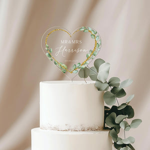 Floral Wreath Wedding Cake Topper, Acrylic Cake Topper for Wedding, Gold Acrylic Cake Topper, Eucalyptus Custom Wedding Cake Topper