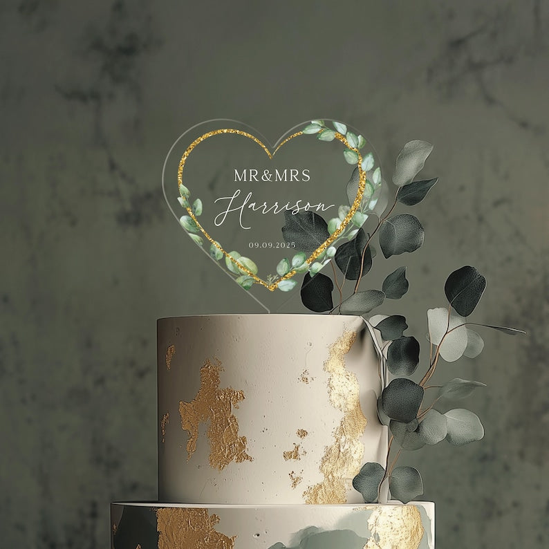 Floral Wreath Wedding Cake Topper, Acrylic Cake Topper for Wedding, Gold Acrylic Cake Topper, Eucalyptus Custom Wedding Cake Topper