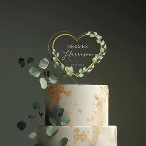 Floral Wreath Wedding Cake Topper, Acrylic Cake Topper for Wedding, Gold Acrylic Cake Topper, Eucalyptus Custom Wedding Cake Topper