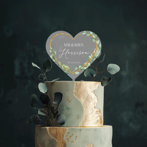Floral Wreath Wedding Cake Topper, Acrylic Cake Topper for Wedding, Gold Acrylic Cake Topper, Eucalyptus Custom Wedding Cake Topper