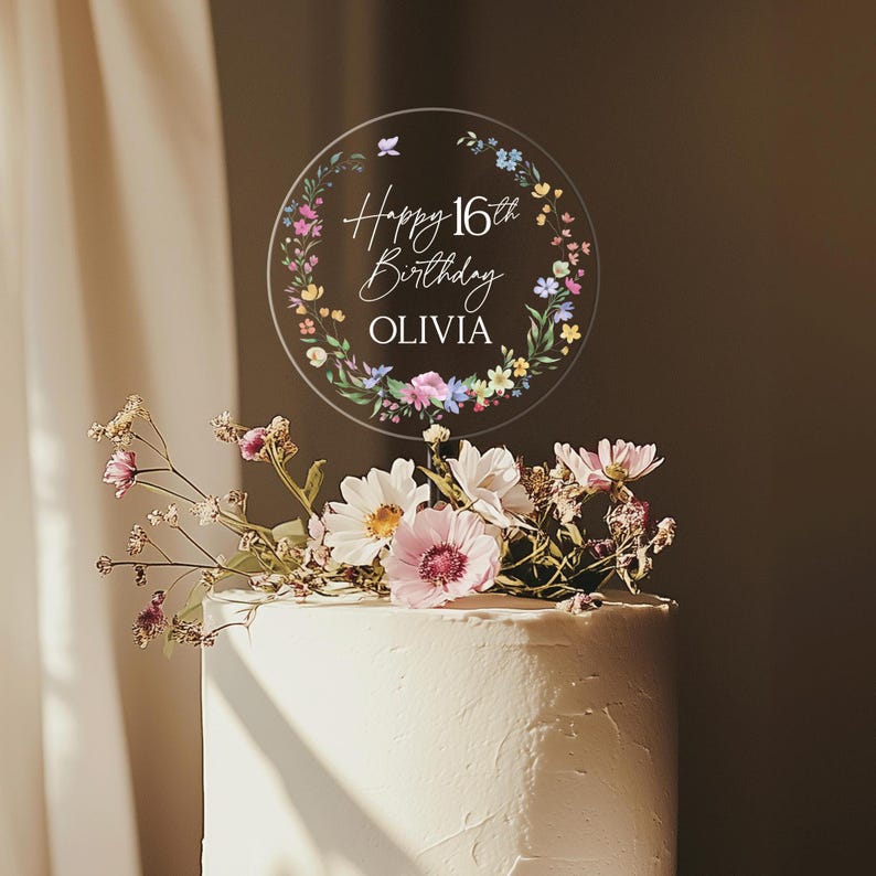 Wildflower Birthday Cake Topper, Acrylic Cake Toppers for Birthday, Sweet 16 Birthday Cake Topper for Girl, Happy Birthday Acrylic Decor