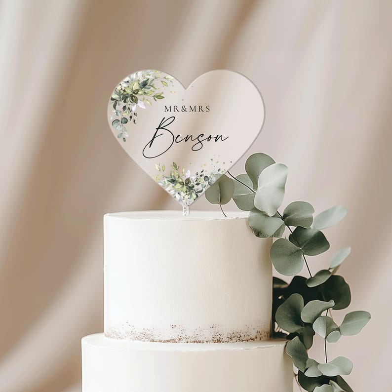 Heart Cake Topper with Custom Name, Eucalyptus Wedding Cake Topper, Acrylic Cake Decor, Engagement Cake Topper, Acrylic Cake Topper Wedding