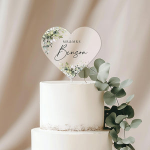 Heart Cake Topper with Custom Name, Eucalyptus Wedding Cake Topper, Acrylic Cake Decor, Engagement Cake Topper, Acrylic Cake Topper Wedding