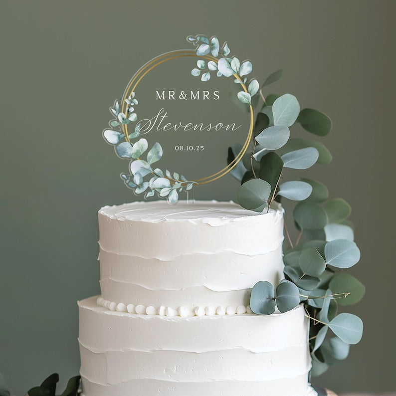 Unique Cake Topper for Wedding Eucalyptus, Rustic Acrylic Cake Topper, Mr and Mrs Cake Topper, Gold Wedding Cake Topper, Custom Cake Topper
