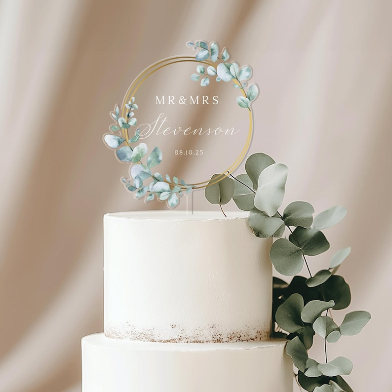 Unique Cake Topper for Wedding Eucalyptus, Rustic Acrylic Cake Topper, Mr and Mrs Cake Topper, Gold Wedding Cake Topper, Custom Cake Topper