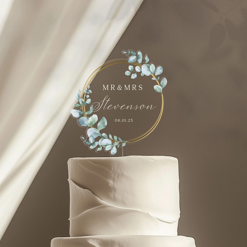 Unique Cake Topper for Wedding Eucalyptus, Rustic Acrylic Cake Topper, Mr and Mrs Cake Topper, Gold Wedding Cake Topper, Custom Cake Topper