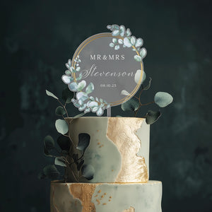Unique Cake Topper for Wedding Eucalyptus, Rustic Acrylic Cake Topper, Mr and Mrs Cake Topper, Gold Wedding Cake Topper, Custom Cake Topper