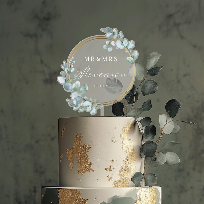 Unique Cake Topper for Wedding Eucalyptus, Rustic Acrylic Cake Topper, Mr and Mrs Cake Topper, Gold Wedding Cake Topper, Custom Cake Topper