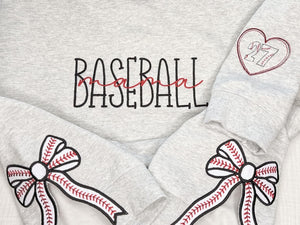 Baseball Mama Crewneck Sweatshirt with Trendy Side Bow Glitter Applique & Embroidered Sleeve, Baseball, Baseball mom, Baseball Momma, Boymom