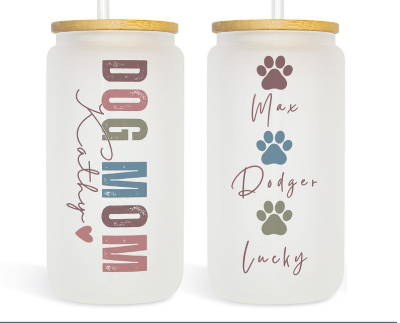 Custom Dog Mom Glass Cup Pet Mom Gift Dog Lover Cup Dog Paws Cup Simple Dog Mom Iced Coffee Cup Personalized Dog Mom Frosted Cup Dog Names