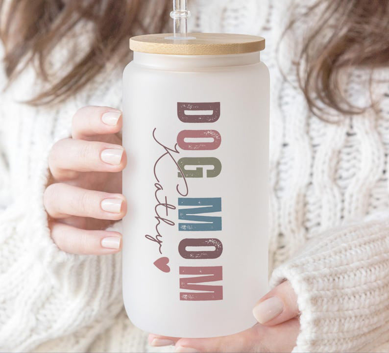 Custom Dog Mom Glass Cup Pet Mom Gift Dog Lover Cup Dog Paws Cup Simple Dog Mom Iced Coffee Cup Personalized Dog Mom Frosted Cup Dog Names