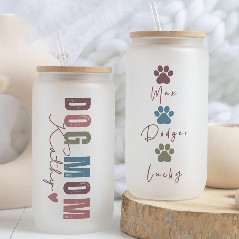 Custom Dog Mom Glass Cup Pet Mom Gift Dog Lover Cup Dog Paws Cup Simple Dog Mom Iced Coffee Cup Personalized Dog Mom Frosted Cup Dog Names