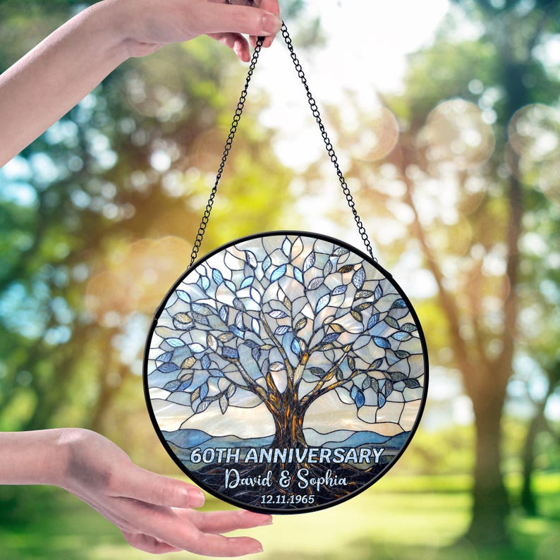 Personalized 60th Wedding Anniversary Window Faux Stained Glass Suncatcher, Wedding Anniversary Keepsake, Diamond Wedding Anniversary Gift